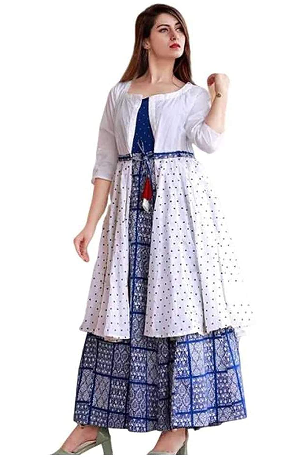 Women Rayon Printed Anarkali Kurti with Jacket Set (Blue)