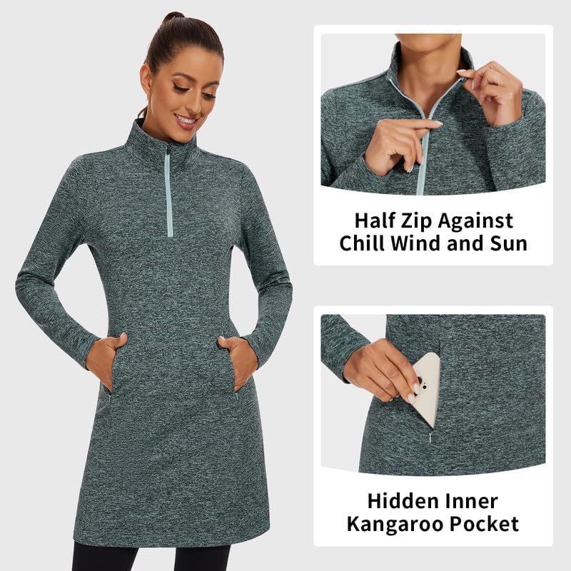 WOWENY Women's Fleece Dress Thermal Sweatshirt Tunic Dress Long Quarter Zip Pullover Polar Winter Dress with Pocket3