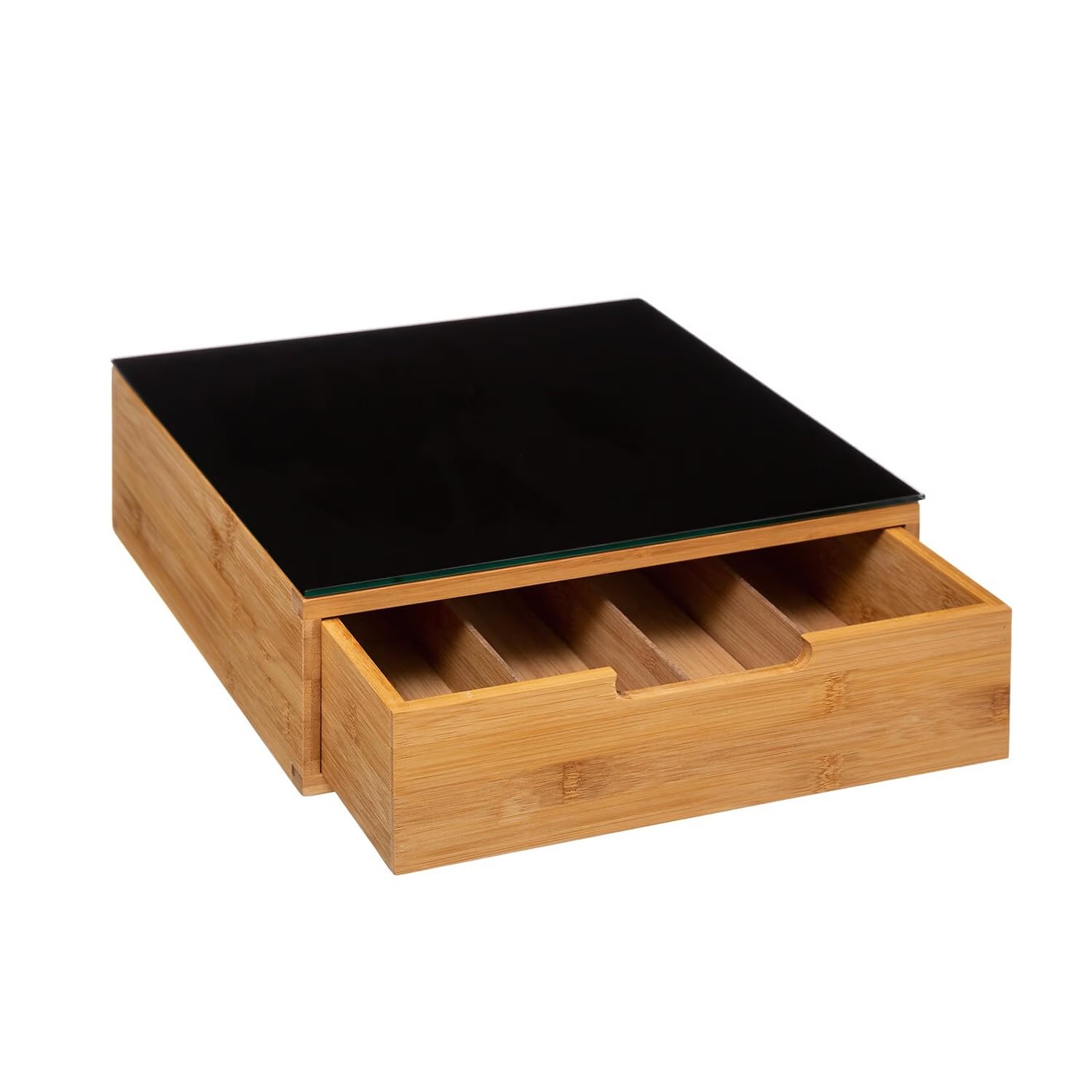 Portacapsule Bambù Con Cassetto Scomparti Caffè Organizzatore Capsule Cialde Tisane Tè Bustine Di Zucchero Bicchierini 30x30x10Cm