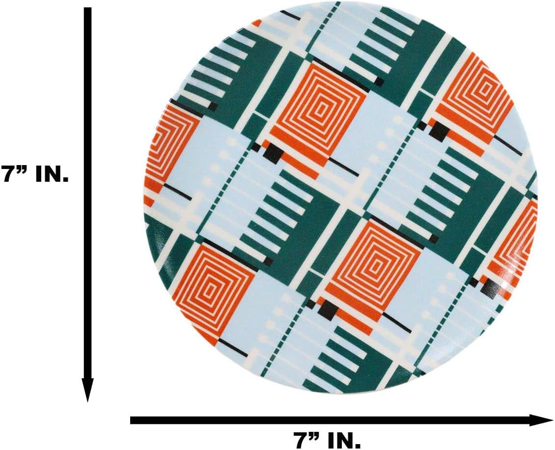 Ebros Gift Frank Lloyd Wright Architecture Colorful Geometry Contemporary Designer 7" D Ceramic Appetizer Or Dessert Plates Pack Of 4 Dinnerware Serveware (Textile Taliesin West Line Black)