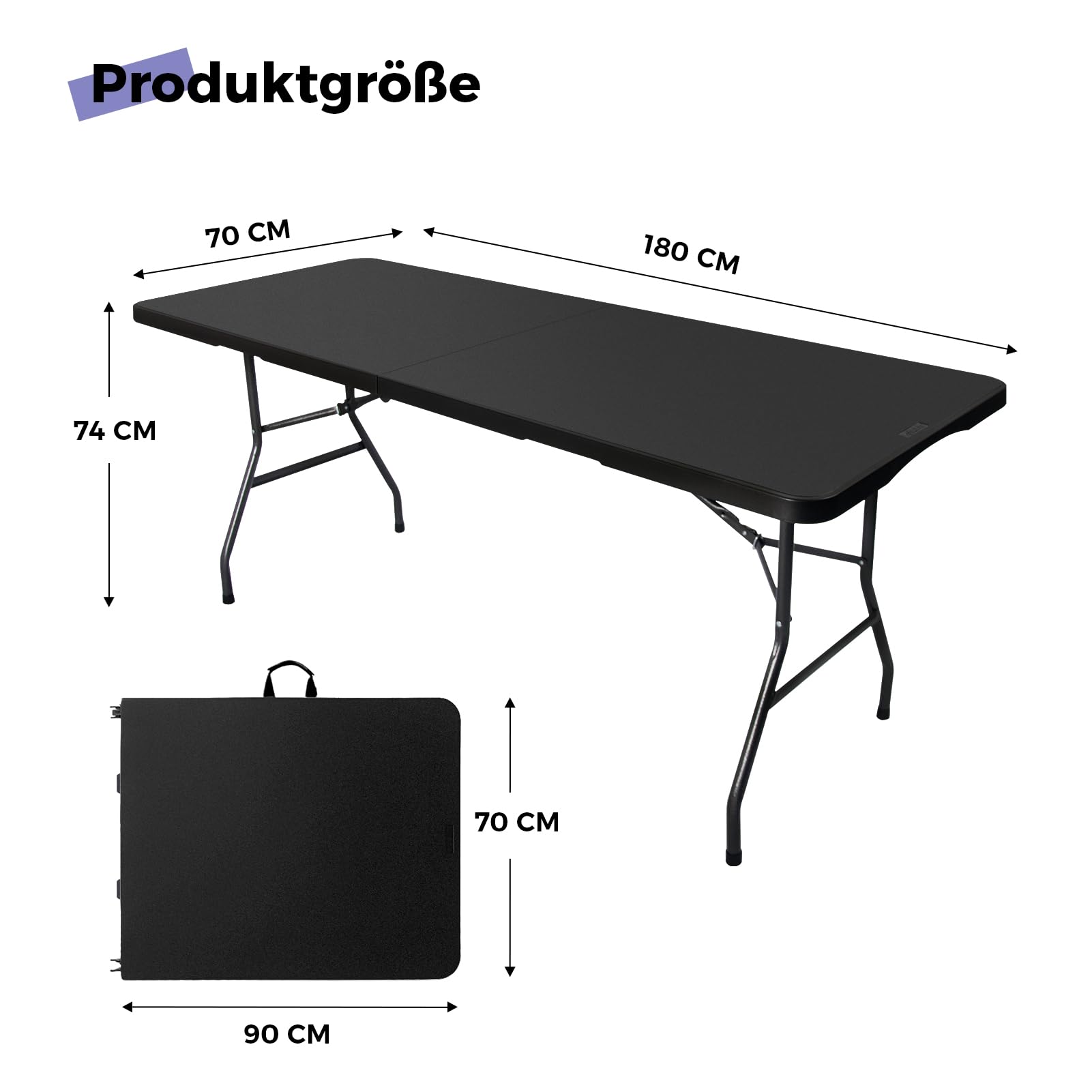 Byliable Klapptisch, 180cm, tragbar, robust, Kunststoff, zusammenklappbar, für drinnen und draußen, für Camping, Picknick und Party (Schwarz)