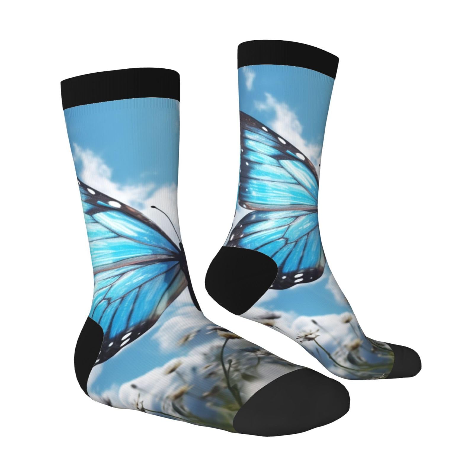 LZQPOEAS blue butterfly and Clouds Athletic Socks Unisex Cushioned Crew Socks Hiking Running Calf Sock Soft Above Ankle Sock