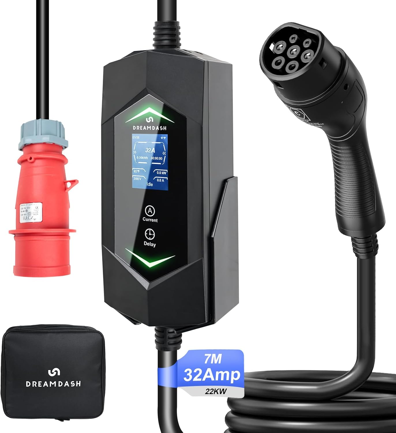 Cargador de Coche Trifásico 22kw, Cable de Carga 7m, Tipo 2 (IEC 62196-2) a Enchufe Rojo CEE 32A 5 Pines, Ajustable 6-16A 1-12h, IP65 Funcionando -30°C a 50°C, Cargador EV Portátil para BEV y PHEV