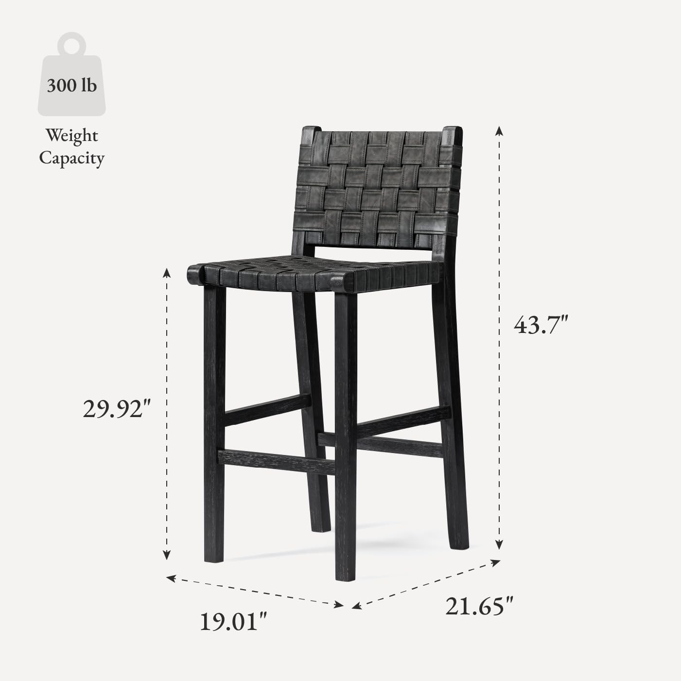 Maven Lane 30" Noah Barstool with Back - Modern Solid Wood Bar Height Chair with Artisan Woven Black Finish and Dark Grey Faux Leather Barstools for Kitchen Island, Dining Area