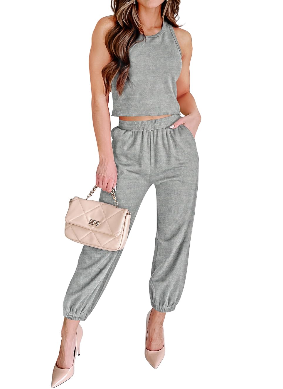 REVETROWomen's Two Piece Outfit Sleeveless Racerback Ribbed Knit Tank Crop Tops Long Pants Tracksuit Jogger Set