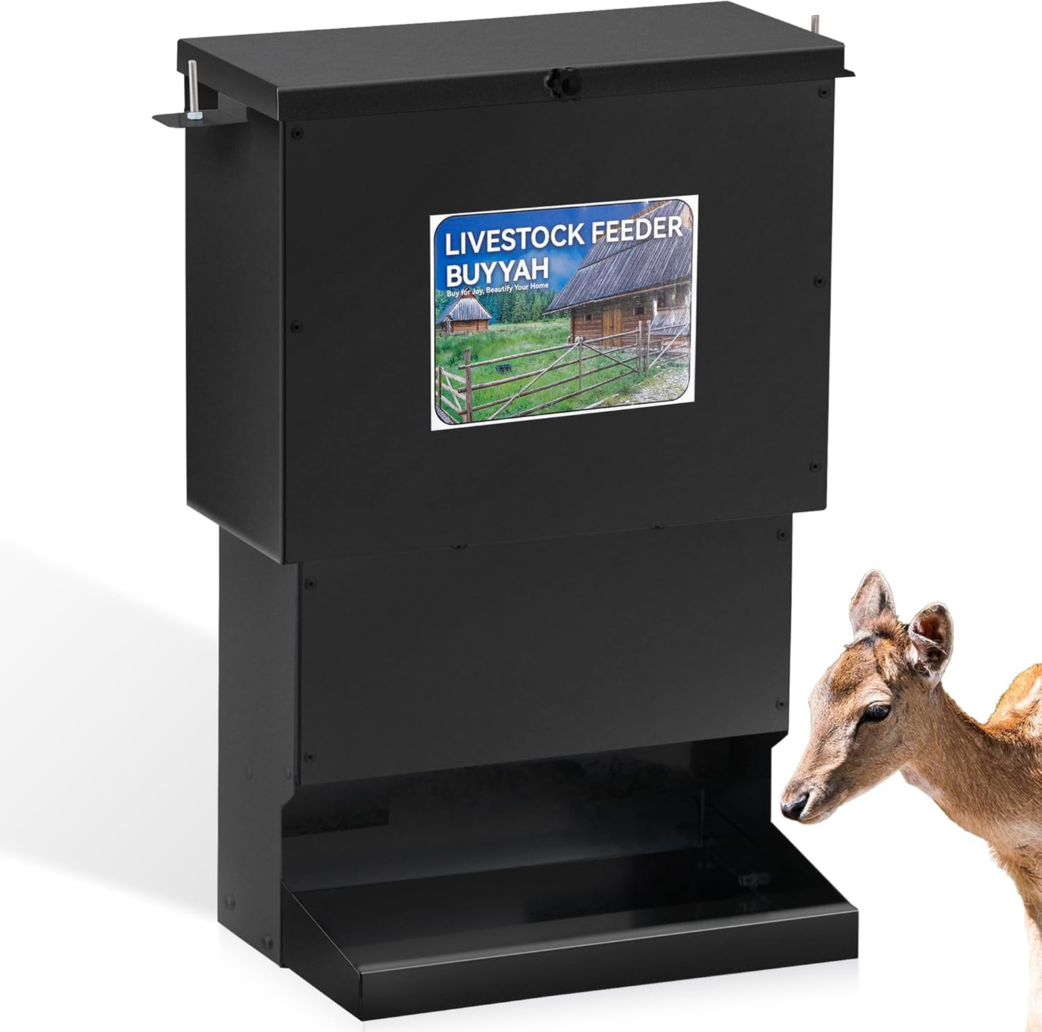 BUYYAH 50lbs Deer Feeder, Heavy Duty Metal Tree Protein Feeder, Weatherproof Gravity Feeder Automatic Dispenser Feeds Protein & Corn for Deers and Wildlife