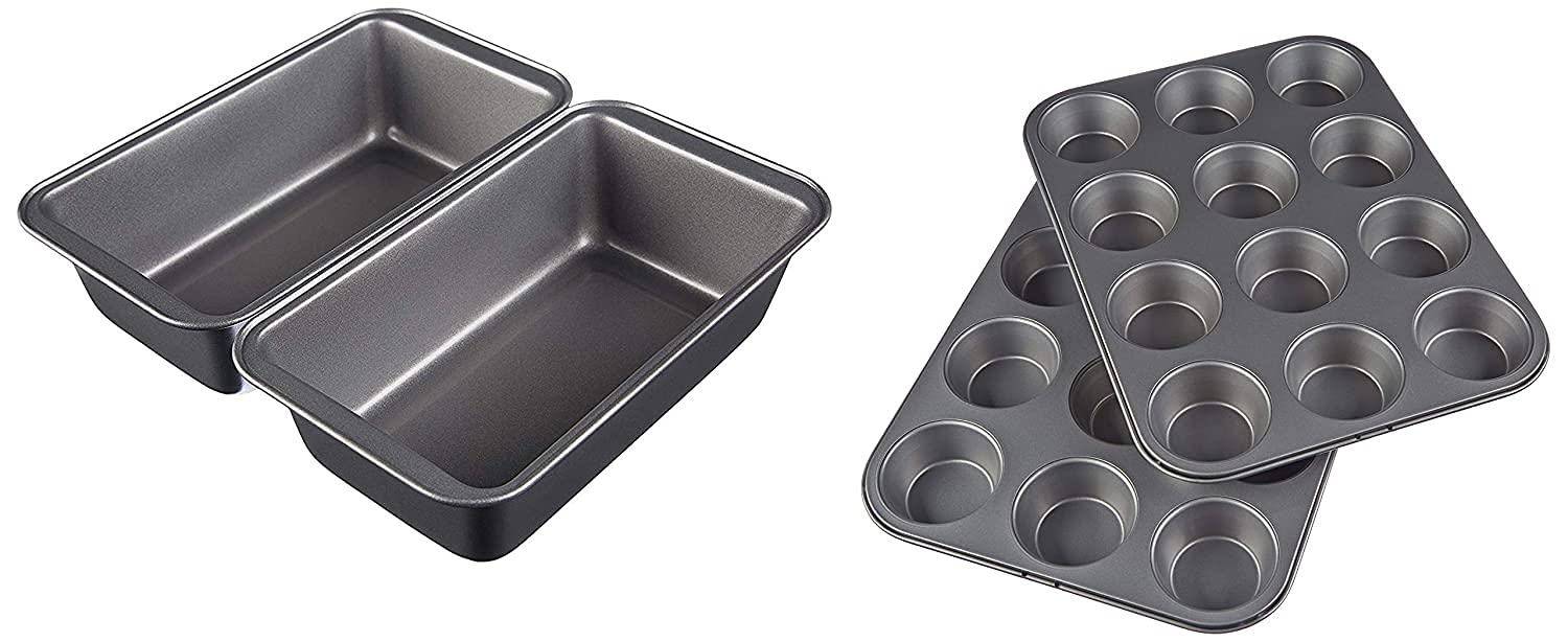 MAFAHHCake Making Combo of Bread Loaf Pan and 12 Slot Muffins Tray | Set of 2 | for Muffins, Cupcake, Jelly, Cake | Bakeware Tool | Microwave or Oven Tray Safe | Cake Making Supplies - Black