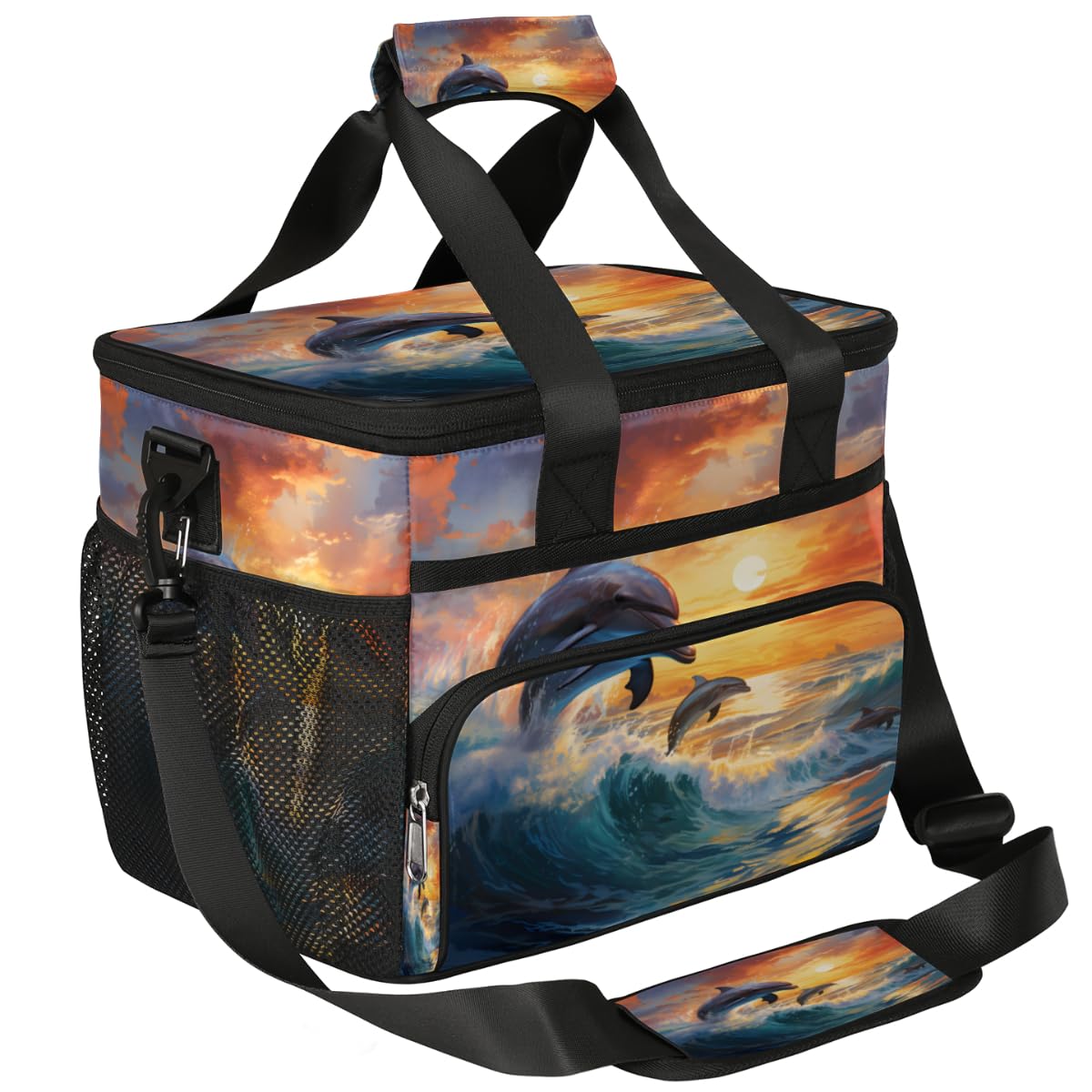 Aquatic Animal Insulated Picnic Backpack Lunch Box for Women Men Picnic Basket Tote Lunch Bag Picnic Bag Portable Lunch Bags for Picnic, Beach, Work, Trip,Office, Camp Ocean Waves Dolphins