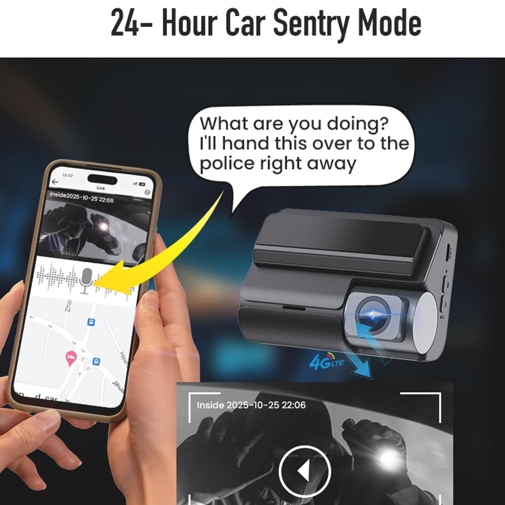 Cámara de salpicadero de coche 4G LTE ULHD 2K, tres canales frontal interior y trasero 2K+1K+1K DVR para coche con ADAS DMS, compatible con control de aplicación WiFi, con reproducción de seguimiento