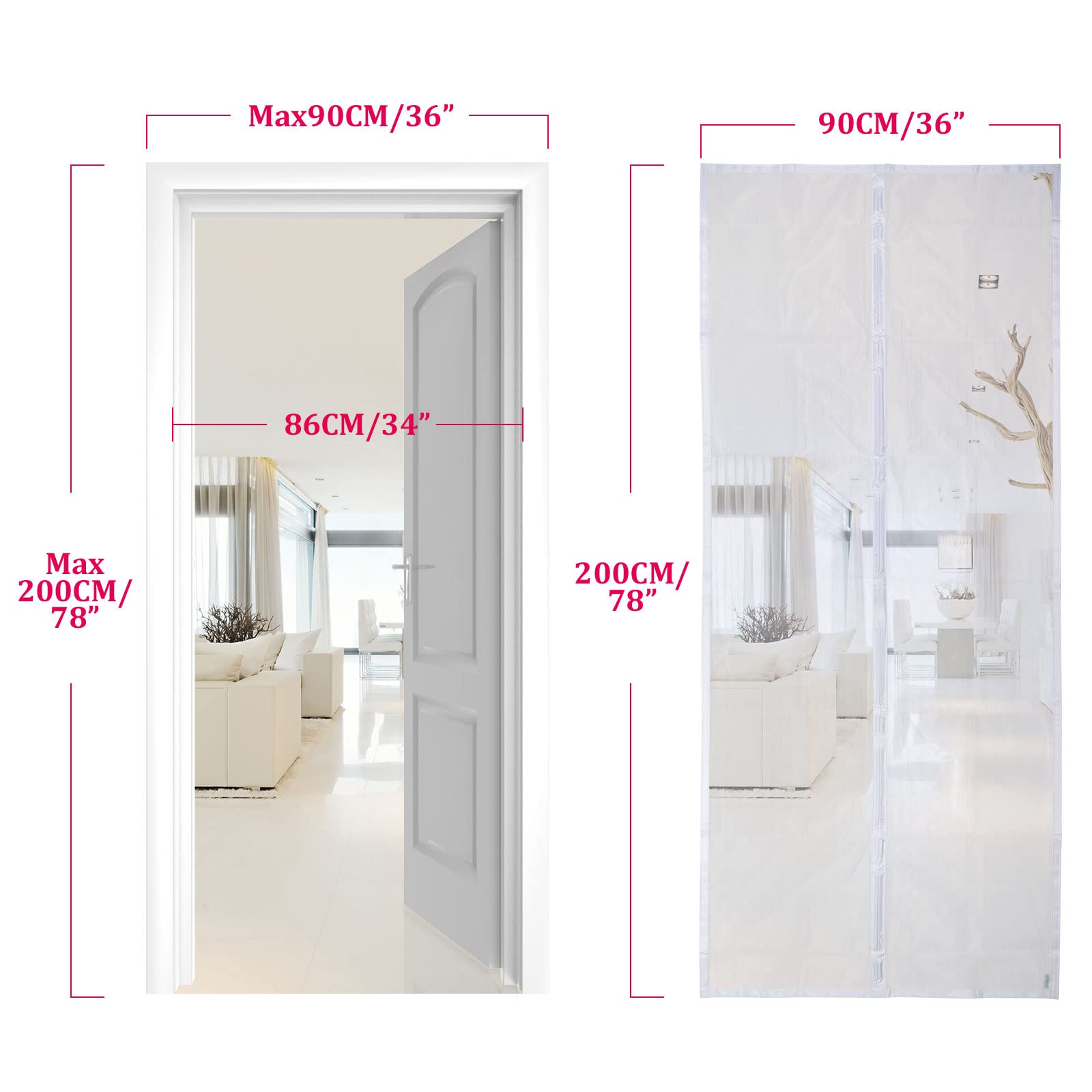 Apalus Zanzariera con Magneti per Porte, 90 x 200CM - Rete Fine, Tenda Totalmente Magnetica, si Chiude da Sola - Non Accorciabile (Bianca)