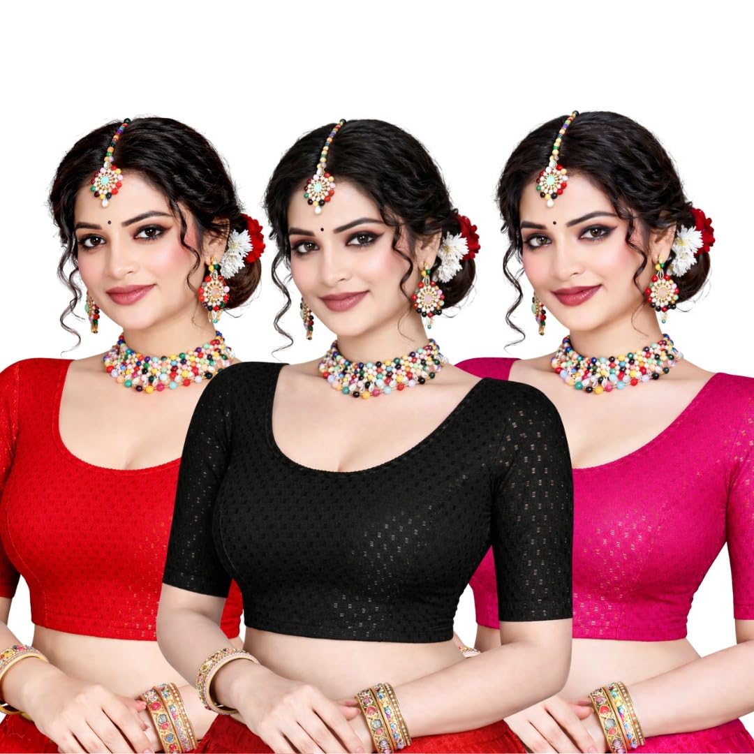 Readymade Stretchable Saree Blouse Combo Pack of 3 for Women | Scoop Neck Half Sleeve | Cotton Lycra Dobby Self Design | Ready to Wear Blouse Black Red & Pink-image-16