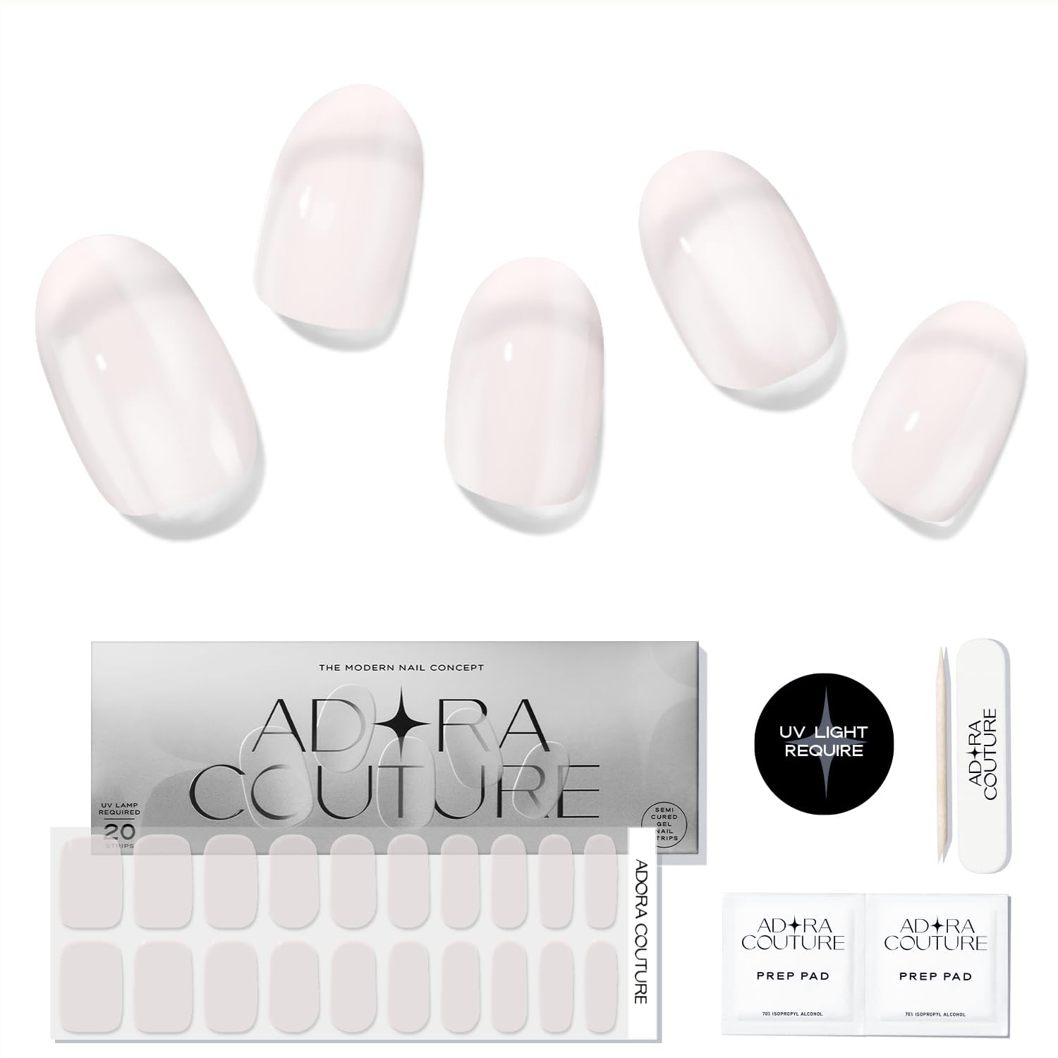 Adora Couture Semi Cured Gel Nail Strips with 20 Pieces, Salon Quality Nail Wraps for Women, Translucent Milky UV Gel Nail Stickers, UV Light Required, Milky Bath