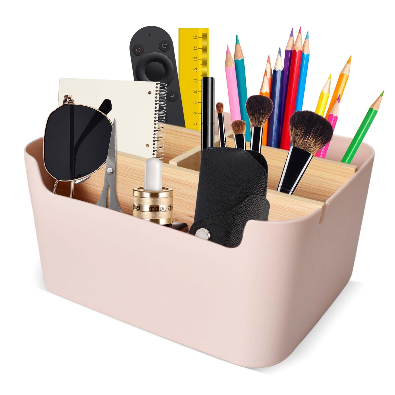 Naapesi 5 Compartments Desk Organiser, Plastic Wooden Desk Stationery Storage Box, Multifunctional Removable Desktop Holder Storage Caddy for Remote Control, Cosmetics, Pens, Glasses (pink)