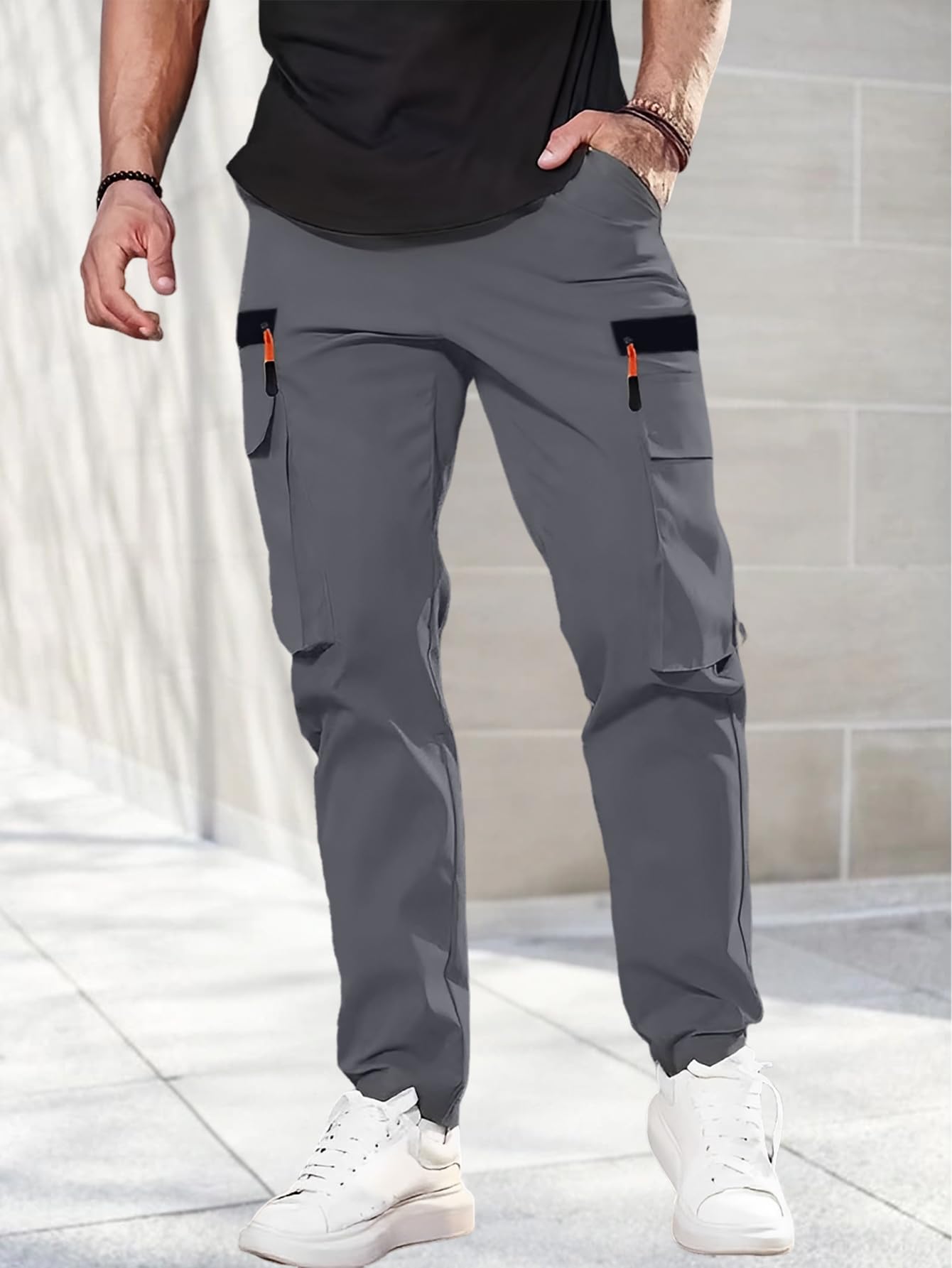 Cargo Pants for Men Elastic Waist Adjustable Drawstring Casual Pants Hiking Outdoor Climbing Fishing with Pockets — view 4