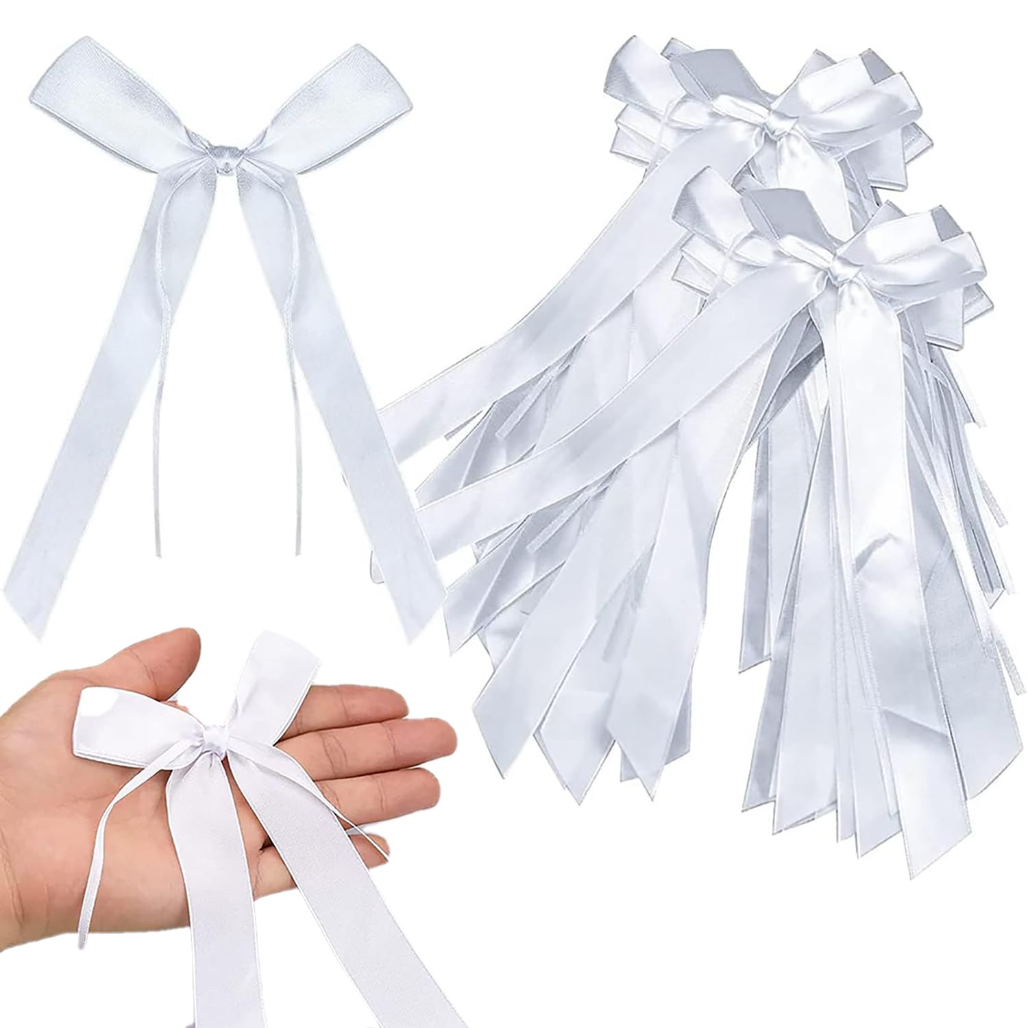 30 Fiocchi Bianchi In Raso Per Decorazione Auto - Nastro Per Antenna E Specchietti - Per Matrimoni E Regali - 19x12 Cm