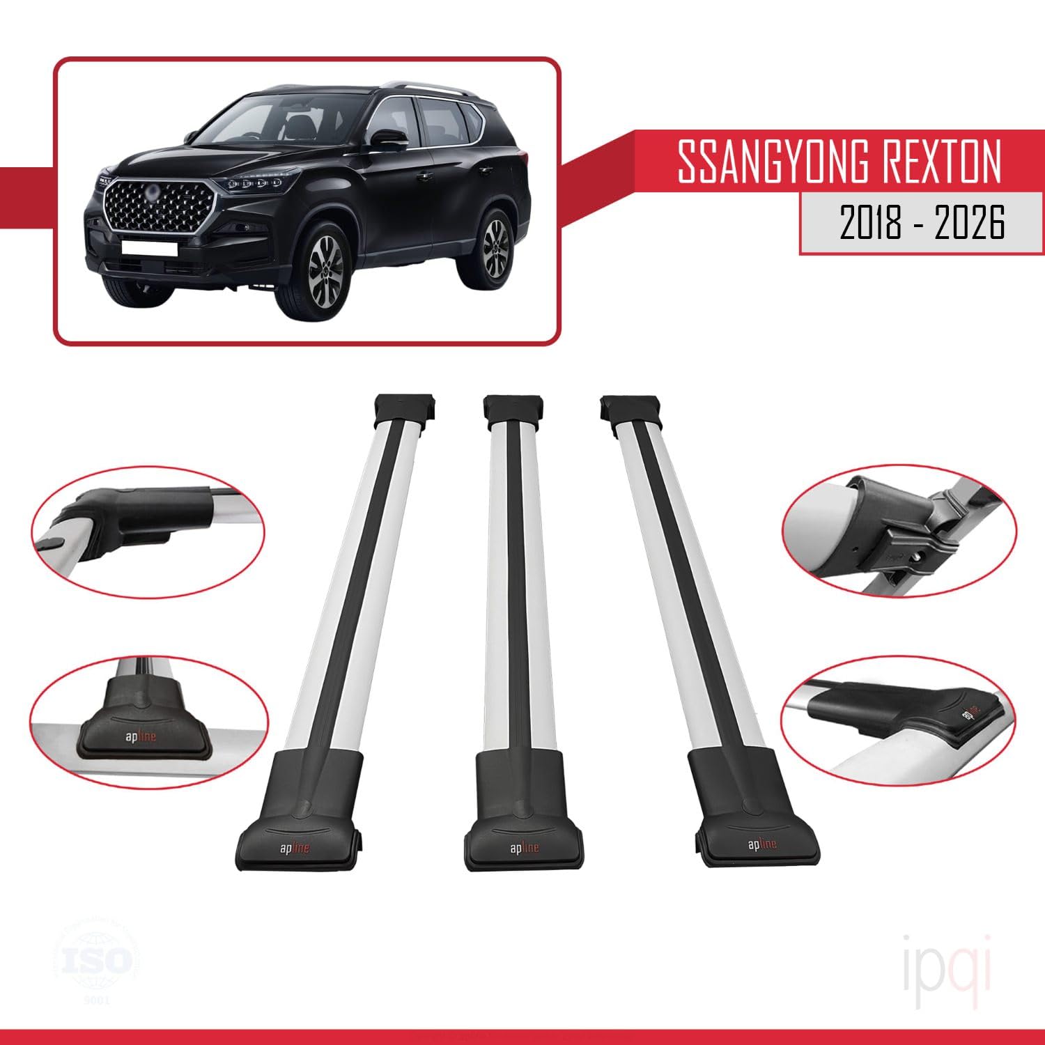 Compatible con SsangYong Rexton 2018-2025 Fly Model Barras de Techo Auto Portaequipajes Barras Transversales Gris Aluminio 3 Barras