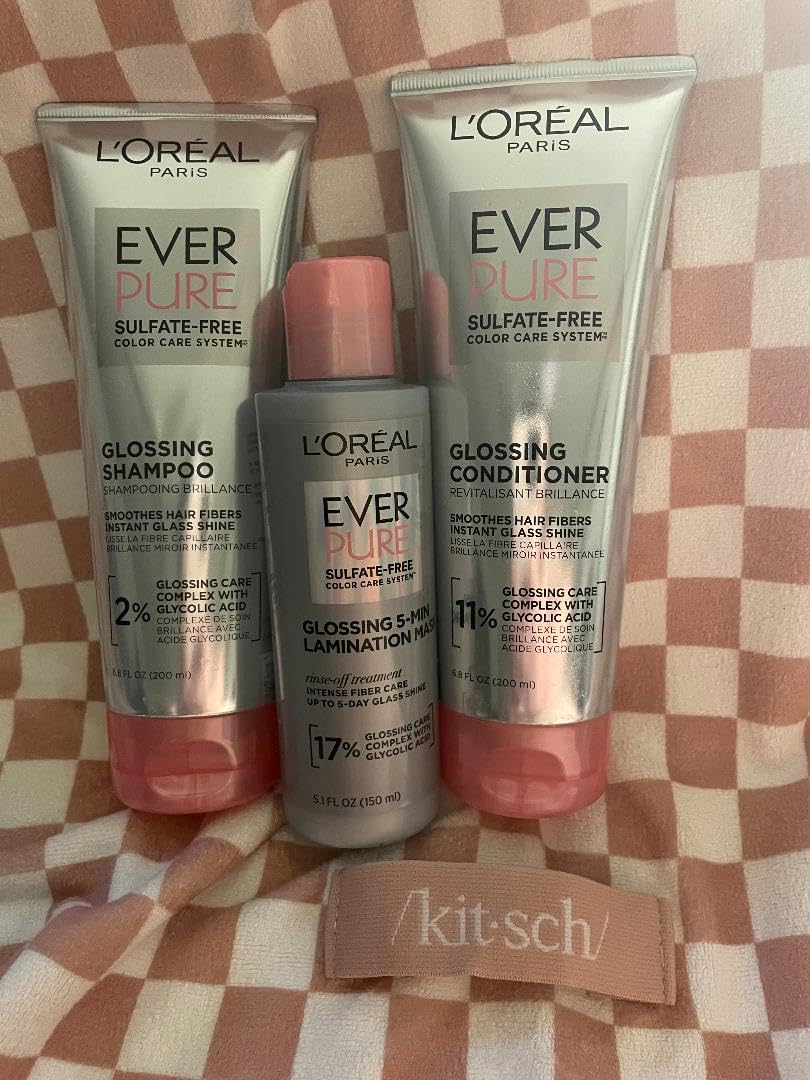 L'Oreal Paris Glossing Sulfate Free Shampoo and Conditioner Set with Glycolic Acid, Hair Care for Lasting Shine and Smoothness for Dull, Dry Hair, EverPure, 1 Kit