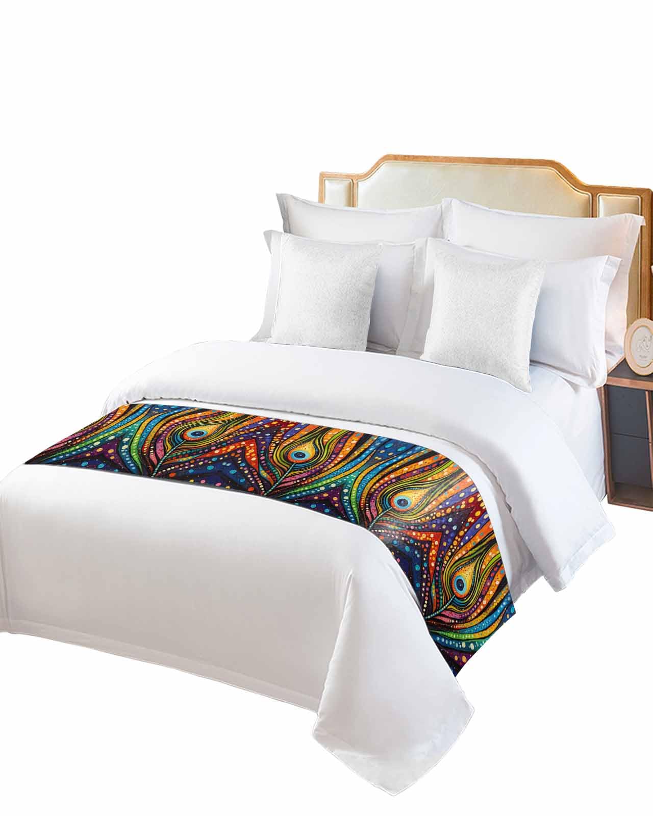 Full Bed Runner Peacock Feather Colorful Stripe Bedding Runner Scarves Decorative Bed Scarf, Abstract Art Soft Bed Runners for Bedroom Hotel Wedding 83x20in