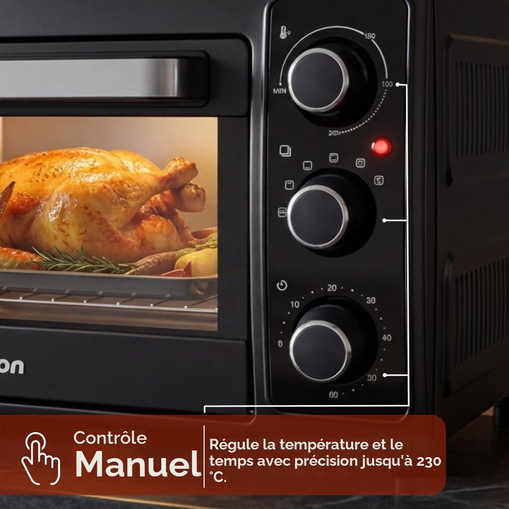 Four de bureau 28 l, convection, 1500 W, 5 fonctions de cuisson, contrôle mécanique, NHS2800N, thermostat réglable, température maximale 230°, minuterie 60 min