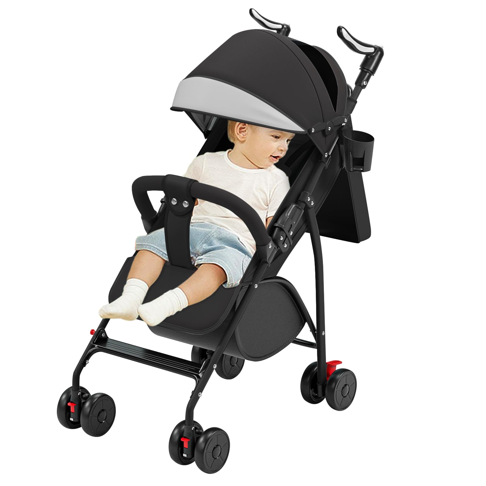 Cochecito de 4 ruedas, hasta 25 kg, capota grande, plegado compacto, respaldo reclinable, manillar ajustable en altura, ruedas grandes todo -A-negro