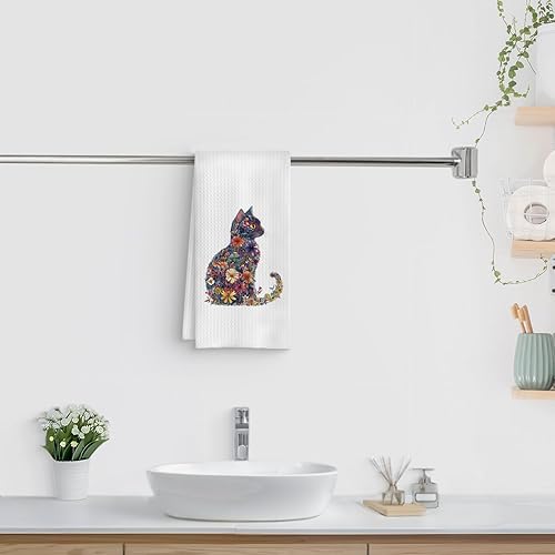 Miniatura 3 de Toalla de cocina de gato con flores, toalla de mano de gato floral para decoración de baño, toalla de té para decoración de cocina, regalos para