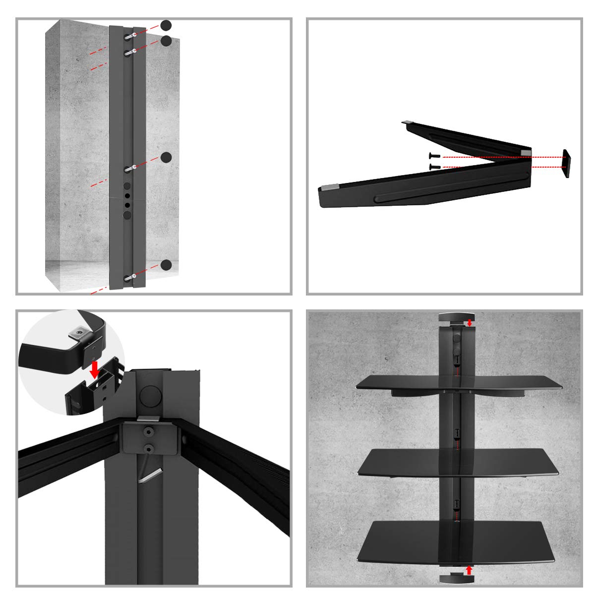 suptek Supporto da Muro Staffa da Parete Scaffale di Vetro Mensola Multimediale per Lettori DVD, Cavo cassette, Giochi console, TV Accessori Con 3 Ripiani Sospeso in Vetro,CS303,Nero