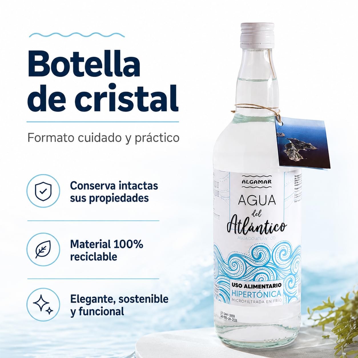 Pack 6 x Agua de Mar Algamar 1 L, hipertónica y microfiltrada en frío, agua marina del Atlántico para uso alimentario, 6 botellas de cristal para cocinar y recetas
