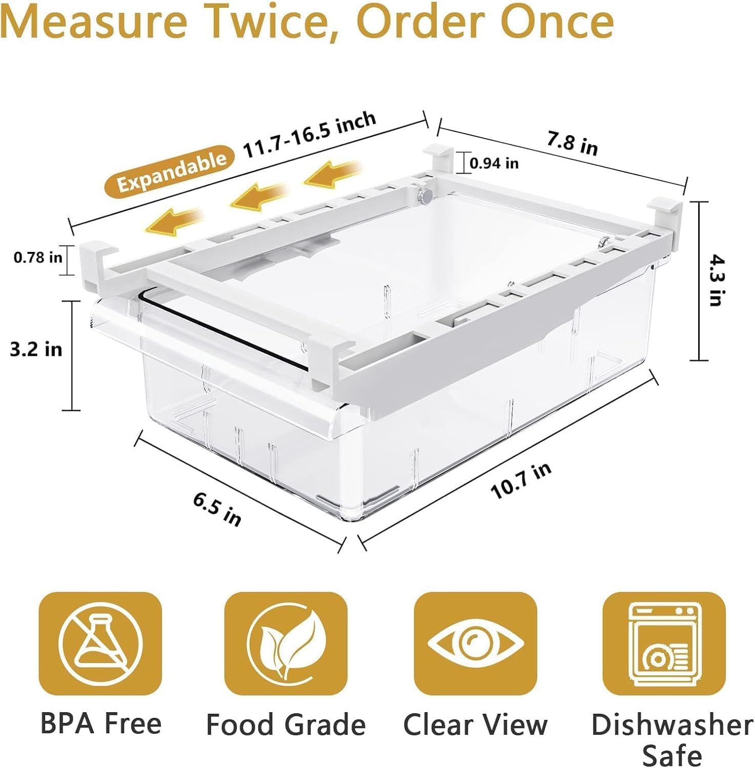 Refrigerator Drawer Organizers, Fridge Drawer Organizer, Pull Out with Handle, Clear Container for Food Drinks, Fit for Refrigerator Shelf Under 0.6 Inch, Easy to Install（1-Pack） - Image 8