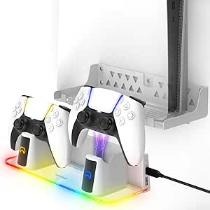 Fosmon PS5 Wall Mount Kit with Charging Station, Solid Metal Shelf and Anchors, Detachable Dual Controller Charger Stand with RGB Light for PlayStation 5, PS5 Disc &amp; Digital Console (Slim &amp; Pro) White