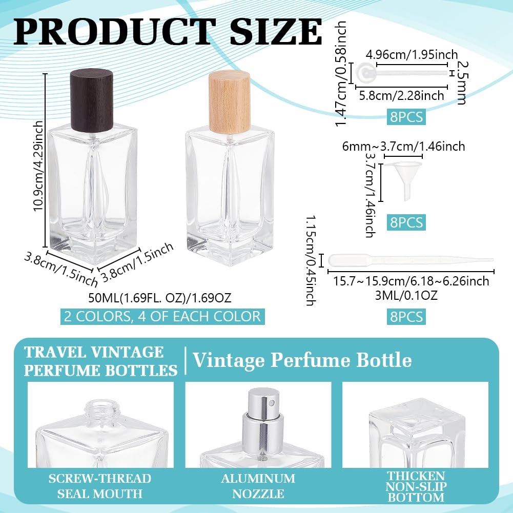 AHANDMAKER Confezione da 8 bottiglie vuote in vetro per profumo, 50 ml / 1.69oz, ricaricabili, con atomizzatore, con imbuto e contagocce da 3 ml, forniture per la produzione di profumi fai da te per