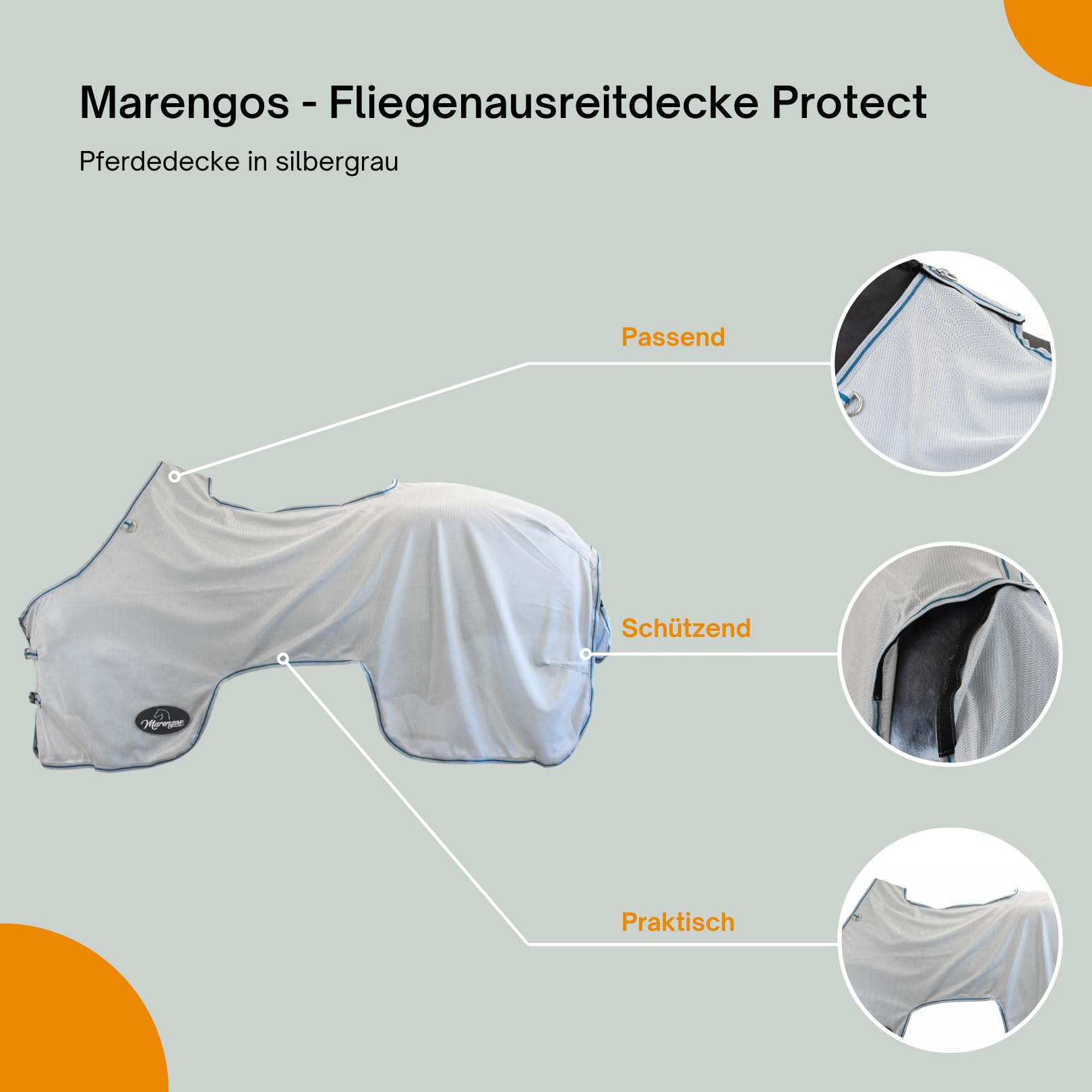Marengos - Fliegenausreitdecke Protect | Pferdedecke mit Sattelausschnitt | feinmaschige Fliegendecke schützt vor Insekten | mit abnehmbarem Schweiflatz | Outdoor-Pferdedecke in Silbergrau | 145 cm