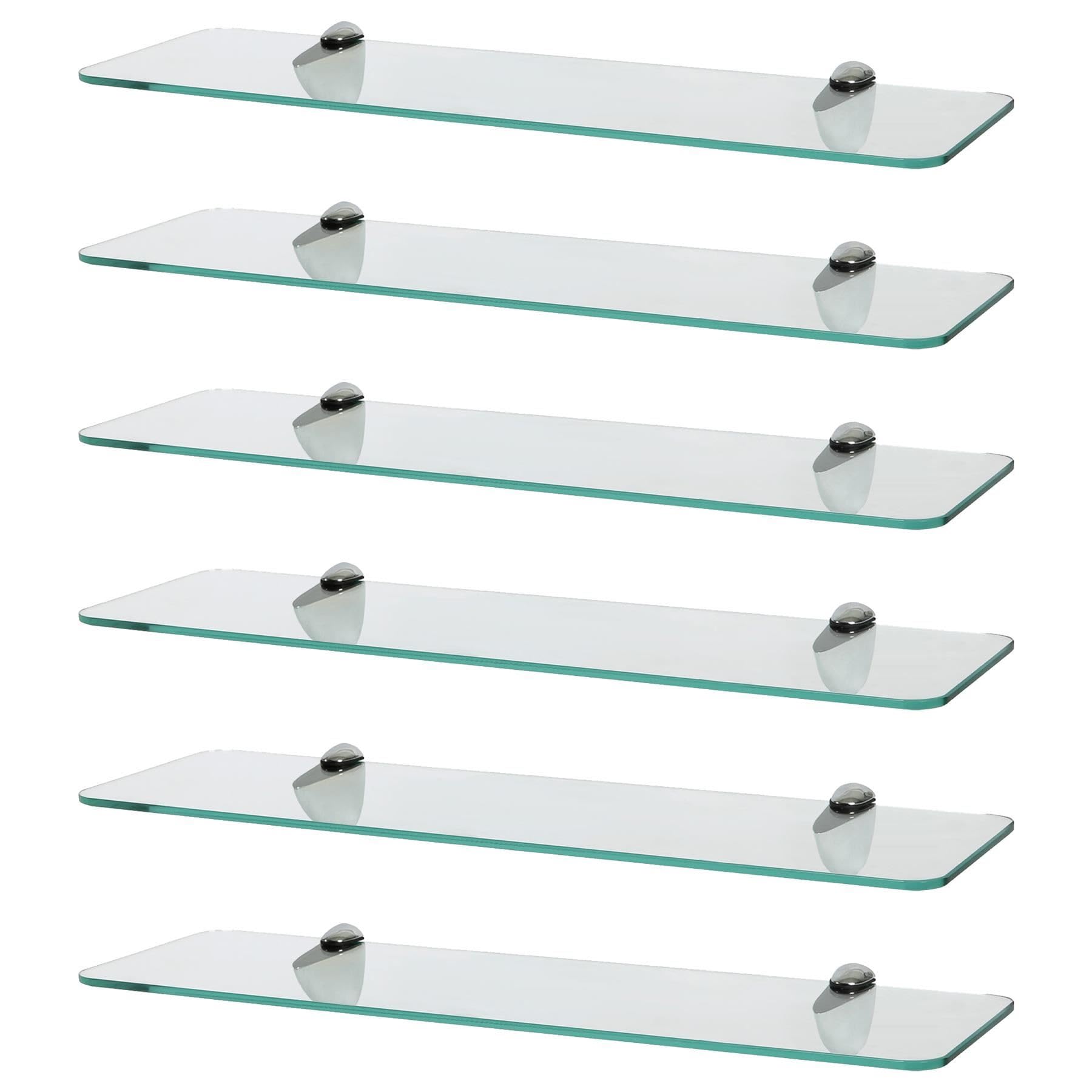 Harbour Housewares Rounded Floating Glass Bathroom Shelves - 50cm - Clear/Chrome - 6x Wall-Mounted Kitchen Bedroom Shower Room Décor Caddy Towel Storage Organiser Shelving Rack with Brackets