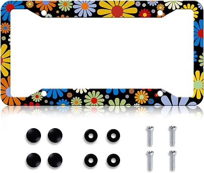 LIN KANG Abstract Hippie Flower License Plate Frame Personalized Cute Flower License Plate Holdrer Stainless Steel Auto Parts Rust-Proof Waterproof Car Decorative Tag Frame for Standard US 12x6 Inch