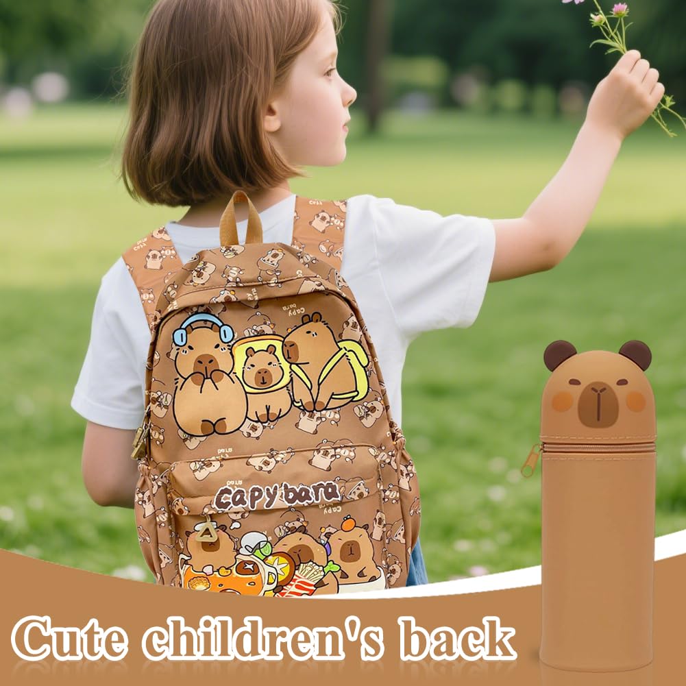 Capybara Backpack Kids, Mochila Capybara Escolar Schoolbag Gran Capacidad Capibara Boligrafos Borrable de Animales,Capibara Estuche De Silicona Suave & Llaveros Portalápices Regalo para Niños