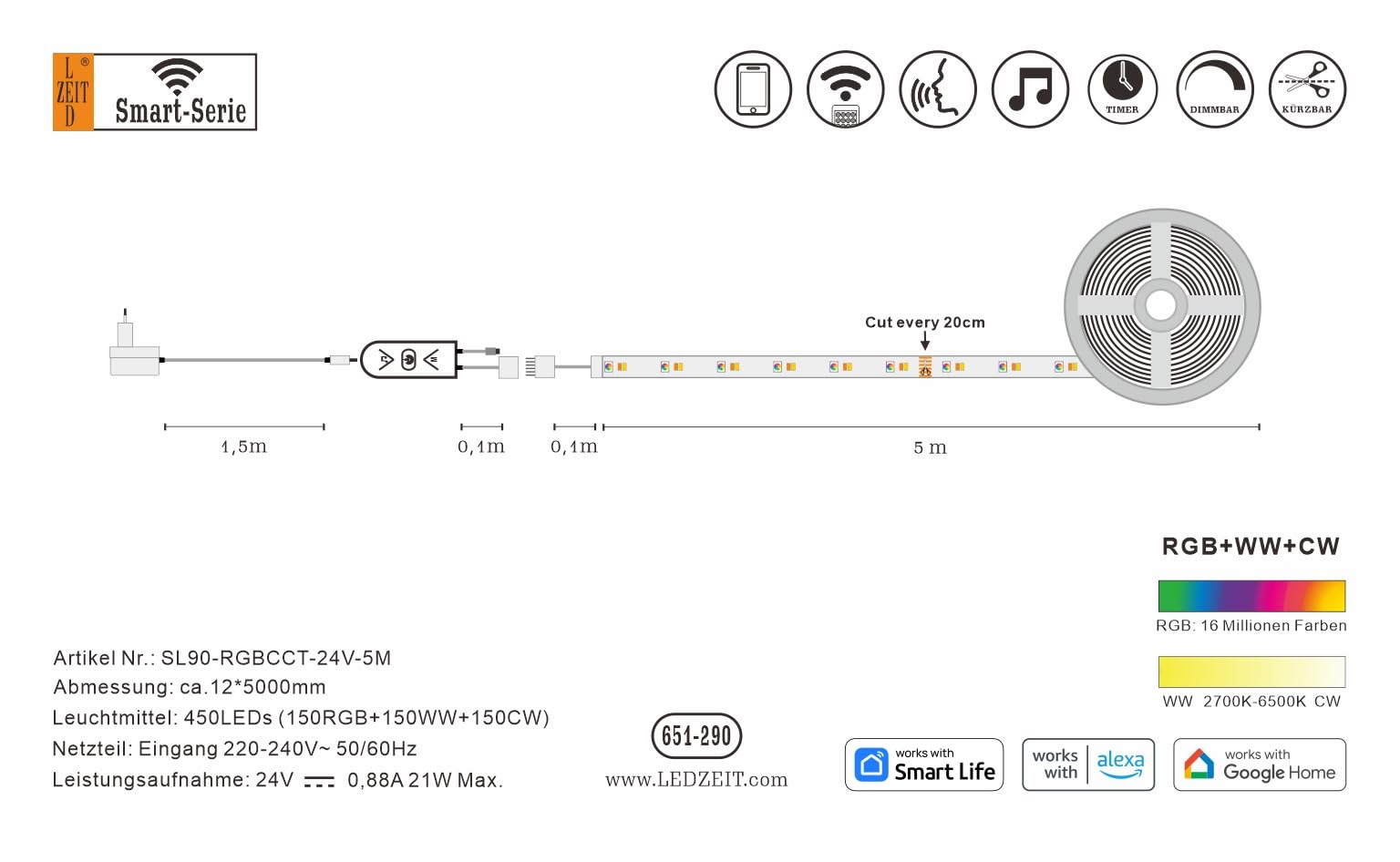 Smart Serie-5m LED Strip, 24V RGBCCT (RGB+Warmweiß+Kaltweiß), 90 LEDs/M, Beschichtetes Lichtband, App-Steuerung, Funktioniert mit Alexa und Google Home, ideal für Zuhause (Packung mit 2)