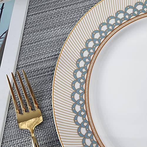 Fanquare 16-Piece Porcelain Kitchen Dinnerware With Mug, Service For 4, Grey Fish Scale Pattern Plates, Bowls, Brown Dinner Set #TOP1