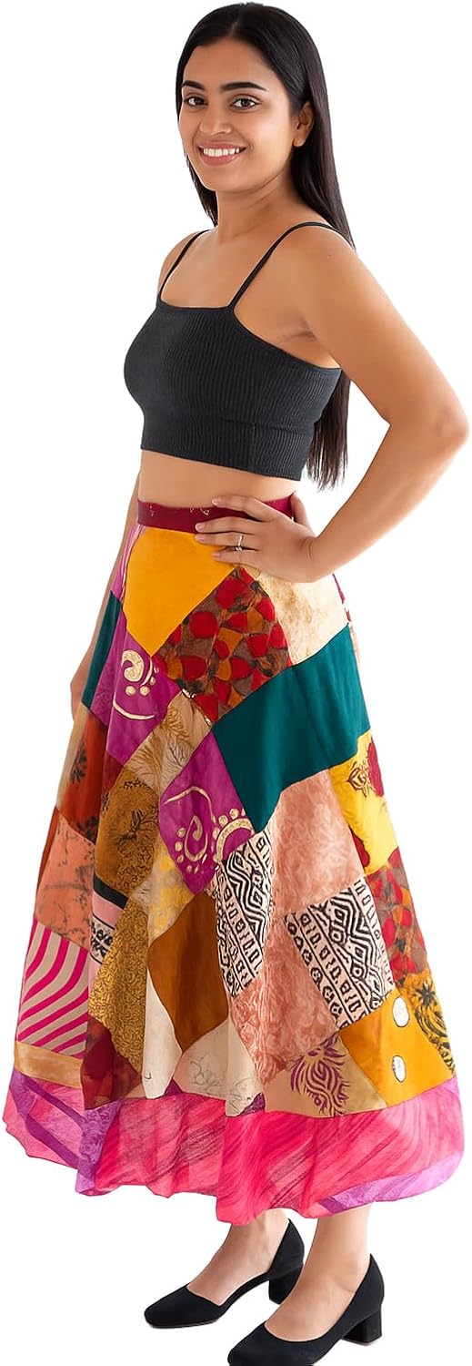 RAJBHOOMI HANDICRAFTS Silk Vintage Patchwork Wraparound Long Skirt - Women's Long Maxi Skirt Boho Skirts Summer Skirts for Women Boho Colorful Maxi Multicolor - Image 2