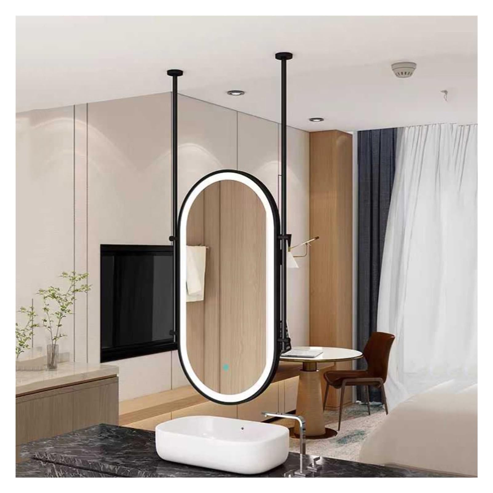 MESOVFCA Oval Ceiling Mirror with LED Lighting, Vanity 3 Dimmable Colors, Suitable for Hotels and Apartments(Black,60x90cm)