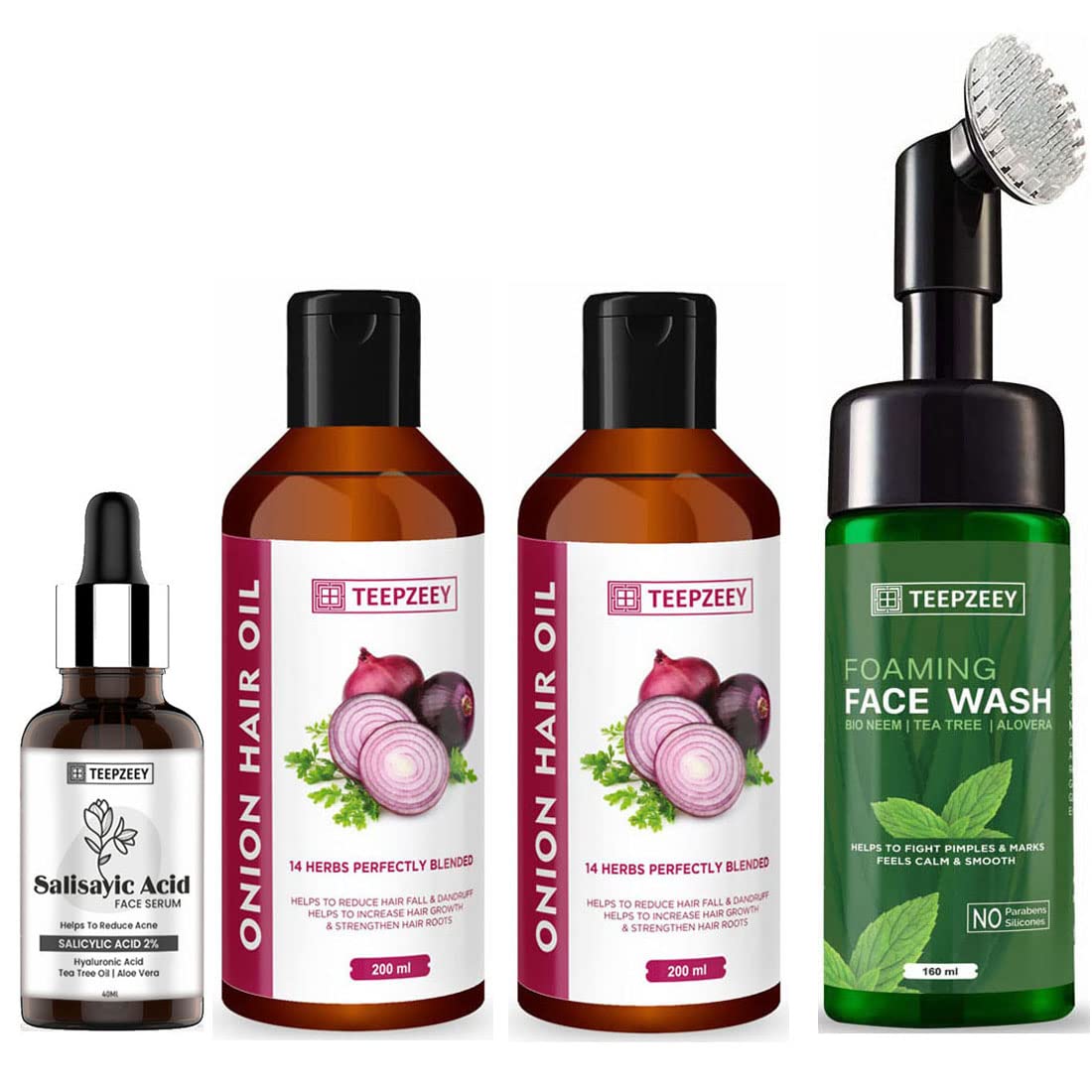 Teepzeey Salicylic Acid Face Serum for Acne - 40 ml and Onion Hair Oil For Hair - 200ml (2 Piece) and Foaming Face Wash I Bio Neem I Tea Tree I Aloe Vera - 160ml