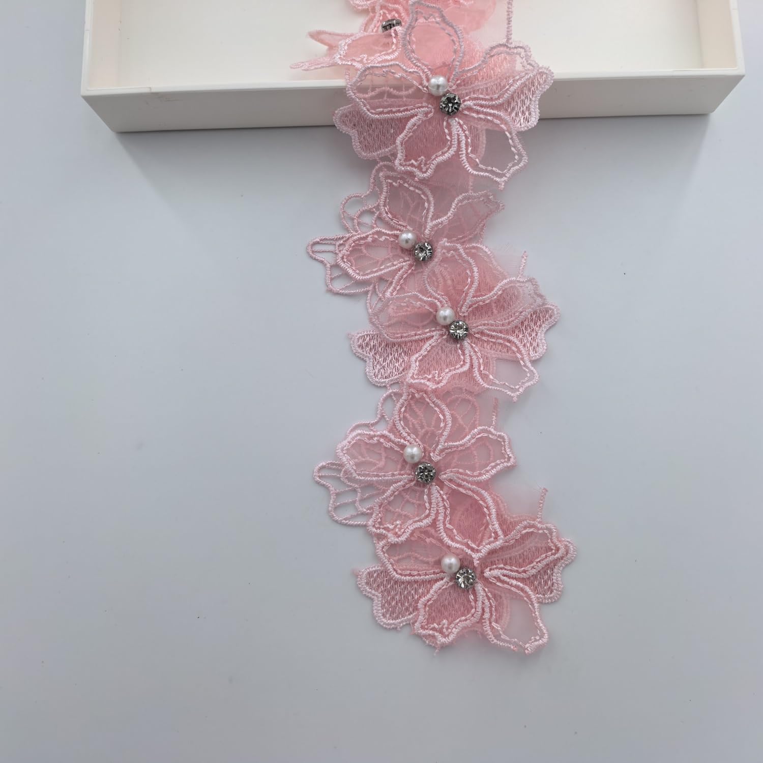 2 Yards 3D Flower Lace Trim Pearl Beads Floral Embroidered Trim Fabric Floral Appliques Lace Ribbon Handmade DIY Sewing Supplies Craft for Costume Hat Decoration (Pink) โ image 1