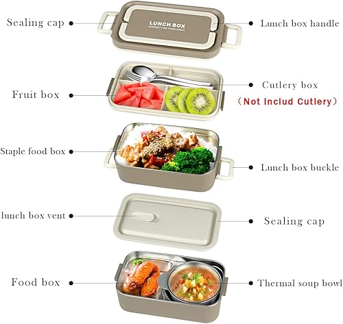 Miniatura 5 de Keweis - Lonchera para adultos portátil aislada para adultos adolescentes niños cajas Bento apilables de acero inoxidable de 2 niveles con bolsa de