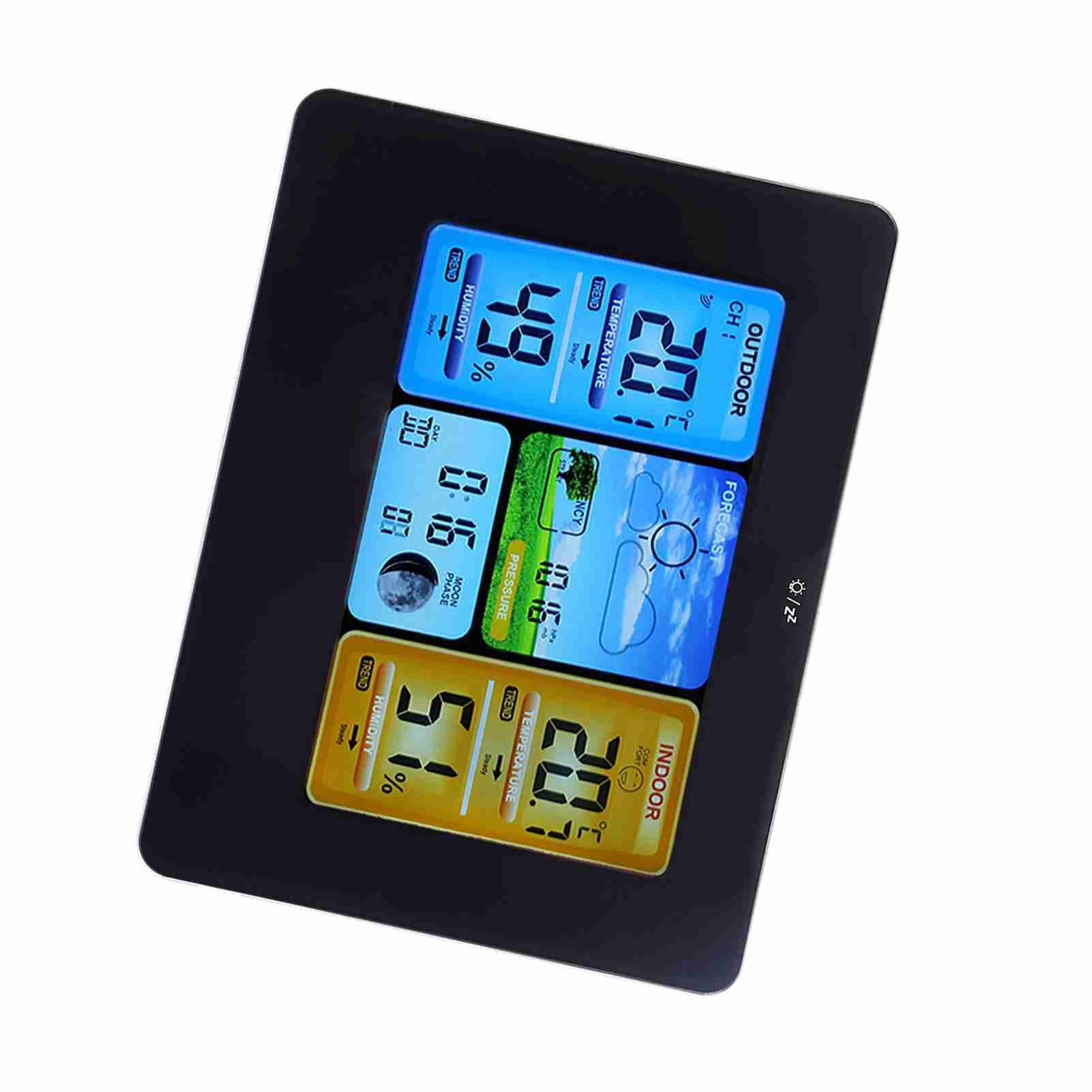 Ejoyous Drahtlose Wetterstation, Digitale Wetterstation aus Beschichtetem Glas mit Innen- und Außenthermometer, Farbdisplay, Wettervorhersagealarm Mondphase, für den Schreibtisch Zur Wandmontage zu