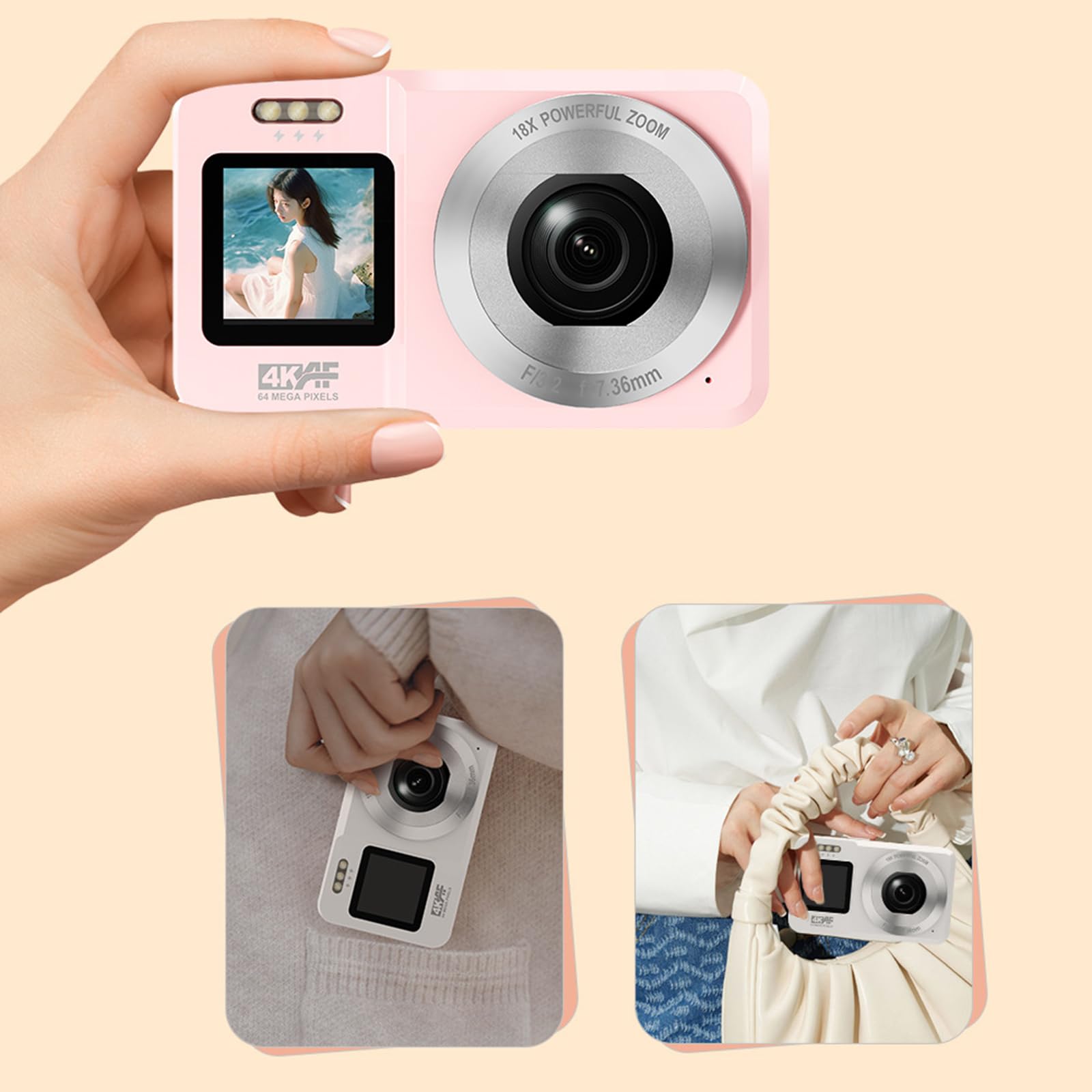 Cámara digital 4K 64MP doble pantalla zoom 18X portátil para adolescentes, viajes y fotografía al aire libre, cámara de doble pantalla para fotografía de viajes