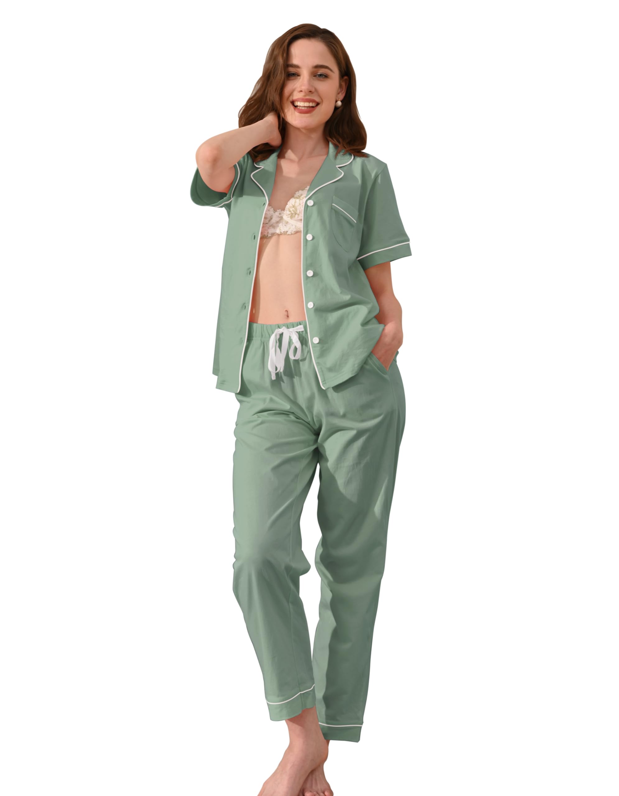 NAP BOUND 100% Cotton Women's Pajama Sets Short Sleeve Button Down Soft Pjs 2 Piece Lounge Set with Pocket Nightwear XS-XXL