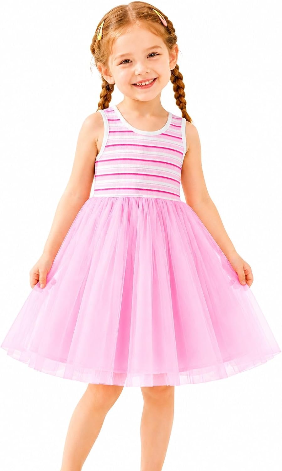 HILEELANG Girls Tulle Dress Sleeveless Ribbed Striped Top Spring Summer Outfit for Toddler Little Girls 2-8 Years