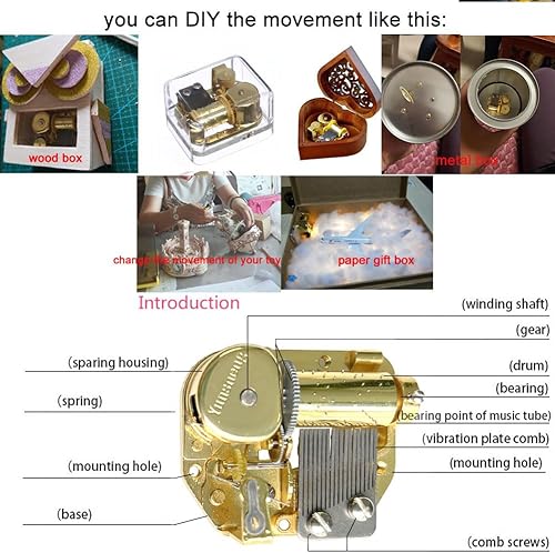 Miniatura 6 de Pursuestar Caja de música con mecanismo musical de cuerda dorada de 18 notas con engranajes de metal, increíble gracia