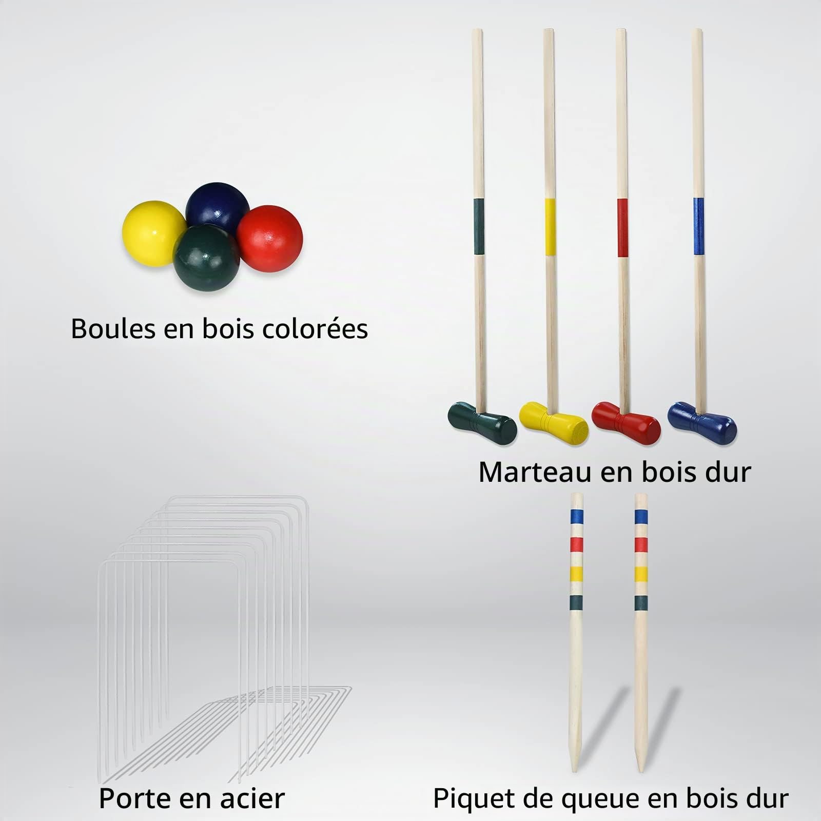 YRHome Jeu de Croquet d'Extérieur en Bois - Jouet Traditionnel pour 4 Joueurs - Enfants et Adultes - Avec Piquets, Maillets, Balles, Wickets