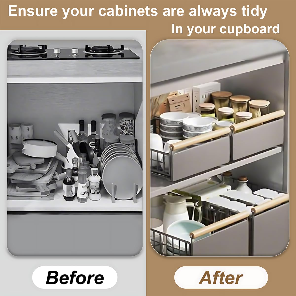 Cassetto telescopico, 2 pezzi, pieghevole, estraibile per cassetti, cucina, 23,5 x 11 x 39,5 ~ 56,5 cm, organizer per armadio in metallo, non necessita di foratura, armadio da cucina, grigio