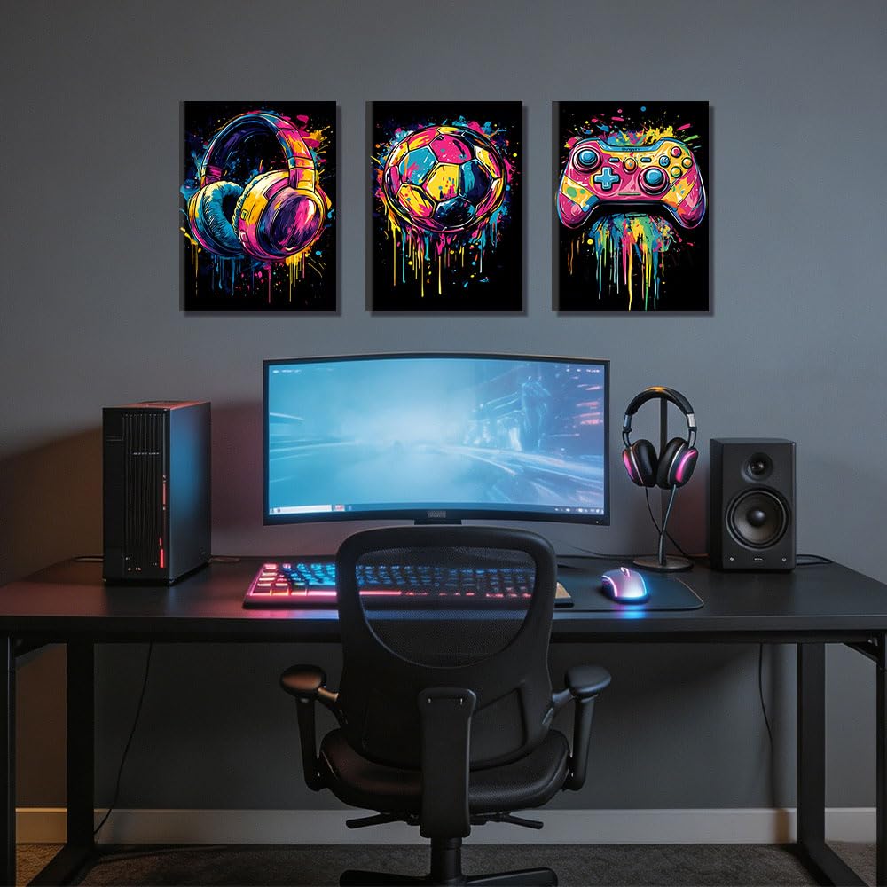 milaosk Tableau Décoration Murale Gaming Affiche Impressions sur Toile | Manette de Jeu Casque Football Style Graffiti Poster Mural pour Chambre Gaming Deco Chambre Garcon 40x60cm x 3pcs