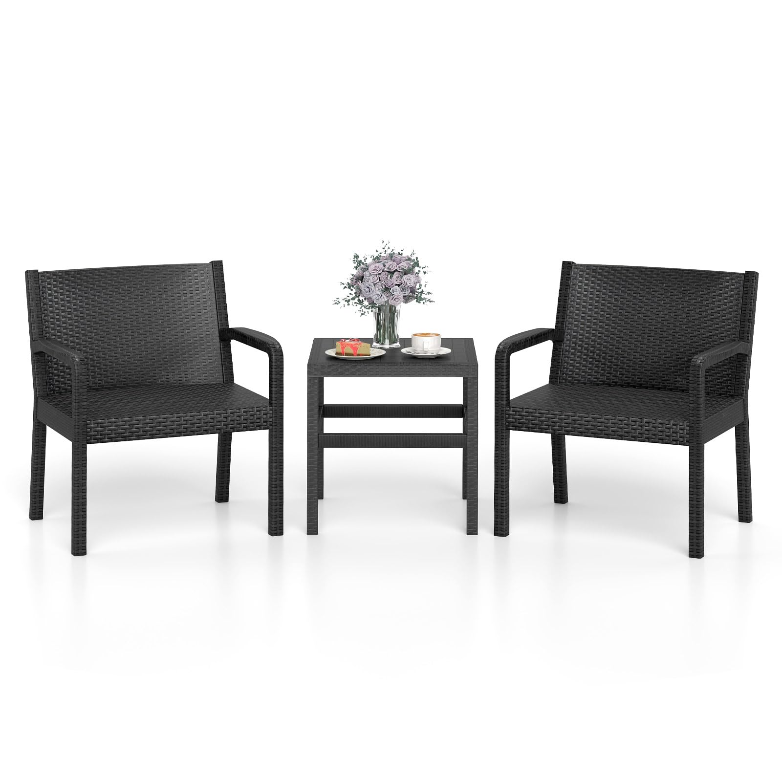 LIFEZEAL Juego de Mesa y Sillas de Jardín 3 Piezas con Asiento Ergonómico | Muebles de Patio Modernos, Mesa y 2 Sillones de Mimbre para Jardín Piscina Terraza PP Resistente